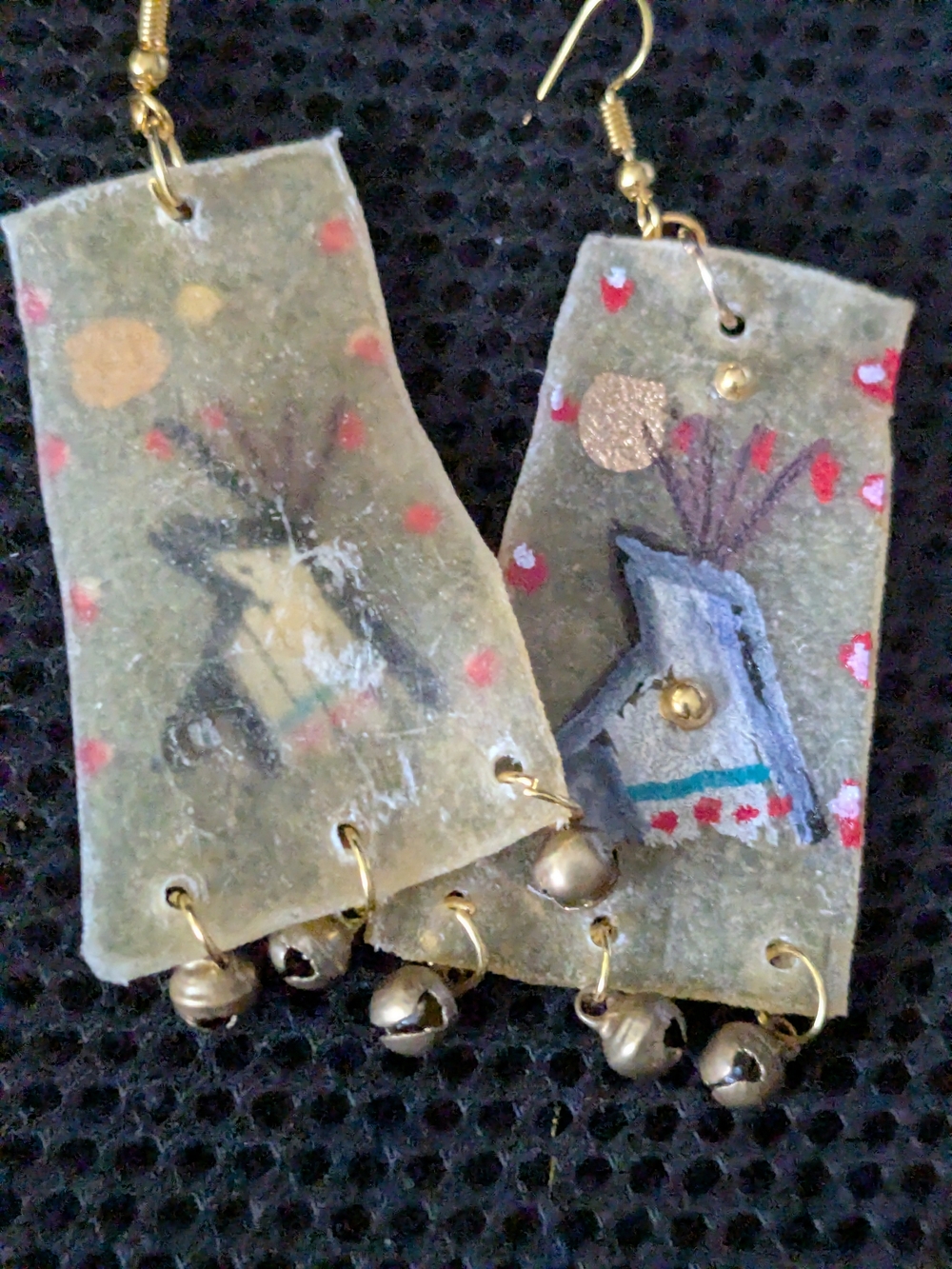 Indigenous Hand-Painted Teepee Rawhide Parfleche Dangle Earrings With Jingles - Picture 6 of 10